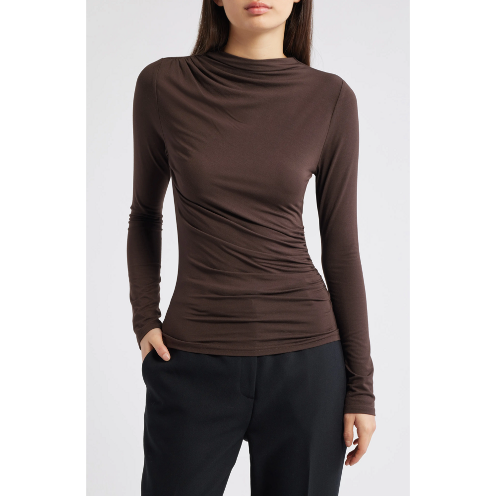 Rails Joelle Ruched Funnel Neck Top in Brown